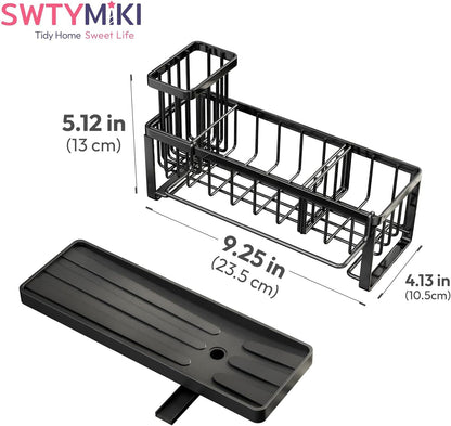 SWTYMIKI Sponge Holder for Kitchen Sink - Sink Caddy with Brush Holder Self-draining Sponge Caddy Organizer with Divider Stainless Steel Kitchen Accessories Storage for Countertop, Black