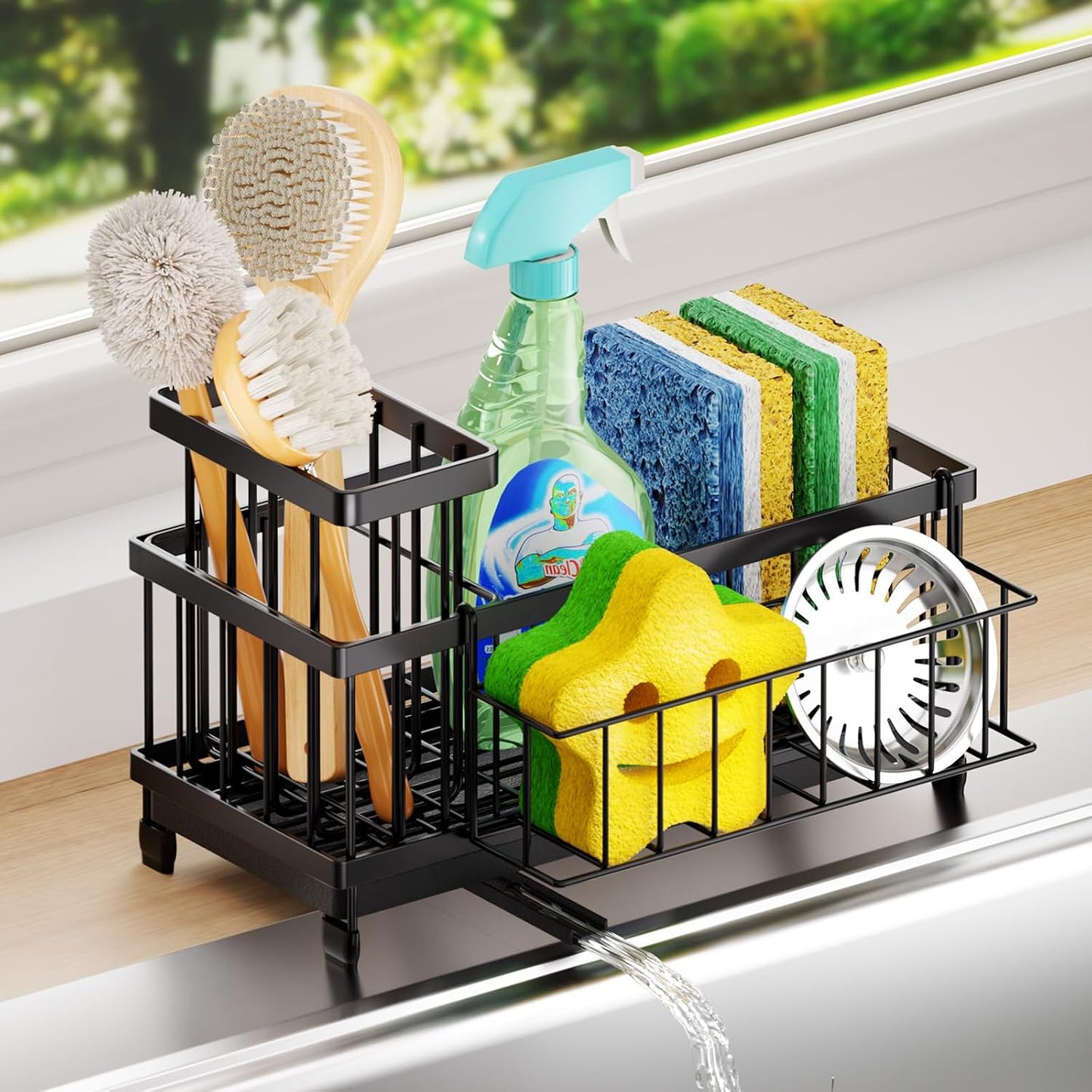 SWTYMIKI Sponge Holder for Kitchen Sink - Sink Caddy with Brush Holder Self-draining Sponge Caddy Organizer with Divider Stainless Steel Kitchen Accessories Storage for Countertop, Black