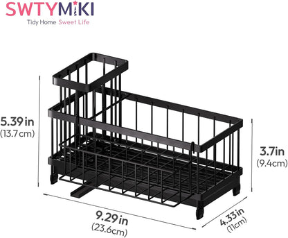 SWTYMIKI Sponge Holder for Kitchen Sink - Sink Caddy with Brush Holder Self-draining Sponge Caddy Organizer with Divider Stainless Steel Kitchen Accessories Storage for Countertop, Black
