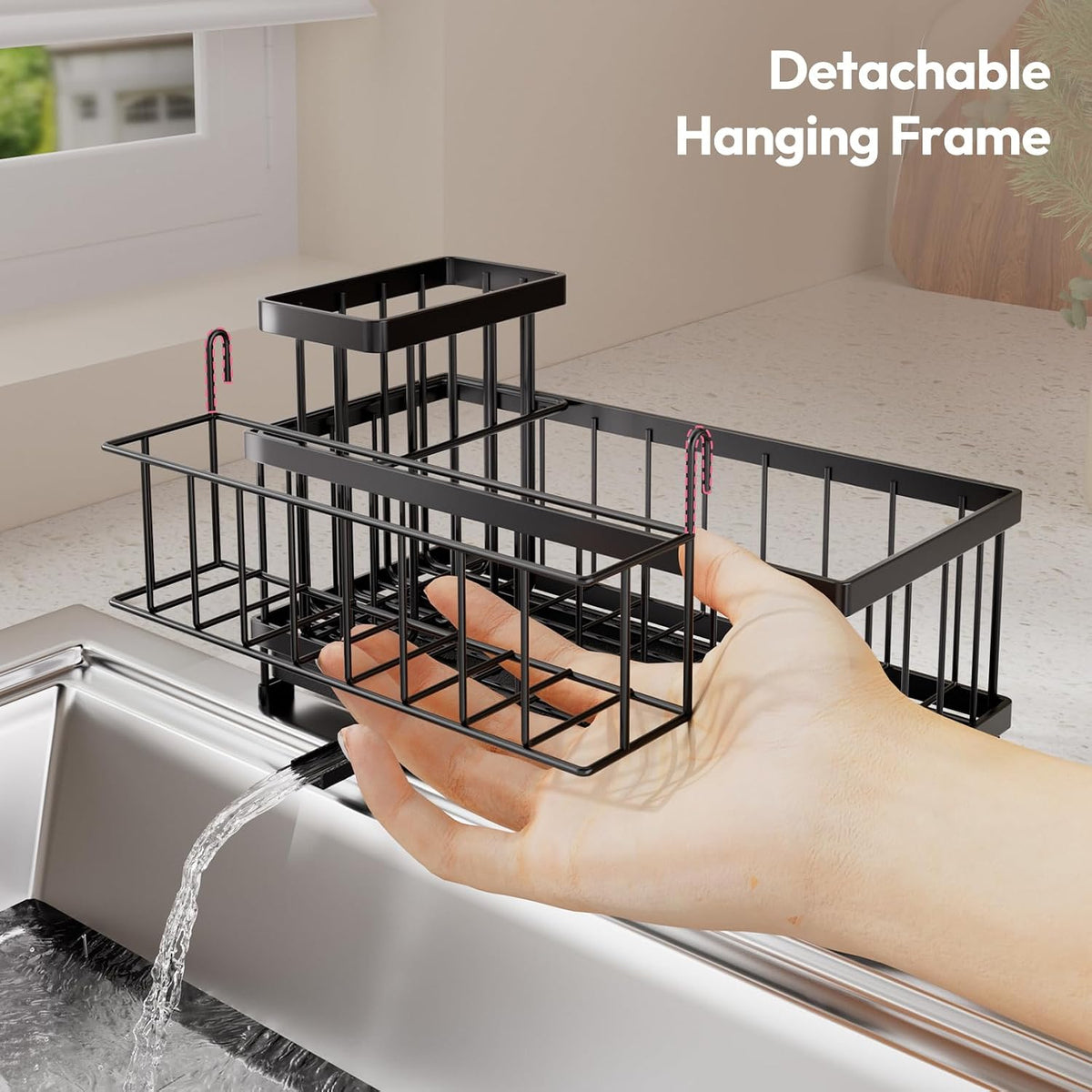 SWTYMIKI Sponge Holder for Kitchen Sink - Sink Caddy with Brush Holder Self-draining Sponge Caddy Organizer with Divider Stainless Steel Kitchen Accessories Storage for Countertop, Black