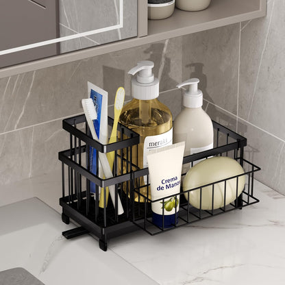 SWTYMIKI Sponge Holder for Kitchen Sink - Sink Caddy with Brush Holder Self-draining Sponge Caddy Organizer with Divider Stainless Steel Kitchen Accessories Storage for Countertop, Black
