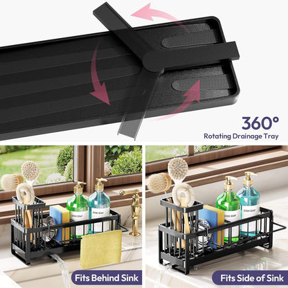 SWTYMIKI Sponge Holder for Kitchen Sink - Sink Caddy with Brush Holder Self-draining Sponge Caddy Organizer with Divider Stainless Steel Kitchen Accessories Storage for Countertop, Black