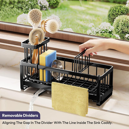 SWTYMIKI Sponge Holder for Kitchen Sink - Sink Caddy with Brush Holder Self-draining Sponge Caddy Organizer with Divider Stainless Steel Kitchen Accessories Storage for Countertop, Black