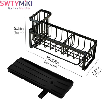 SWTYMIKI Sponge Holder for Kitchen Sink - Sink Caddy with Brush Holder Self-draining Sponge Caddy Organizer with Divider Stainless Steel Kitchen Accessories Storage for Countertop, Black