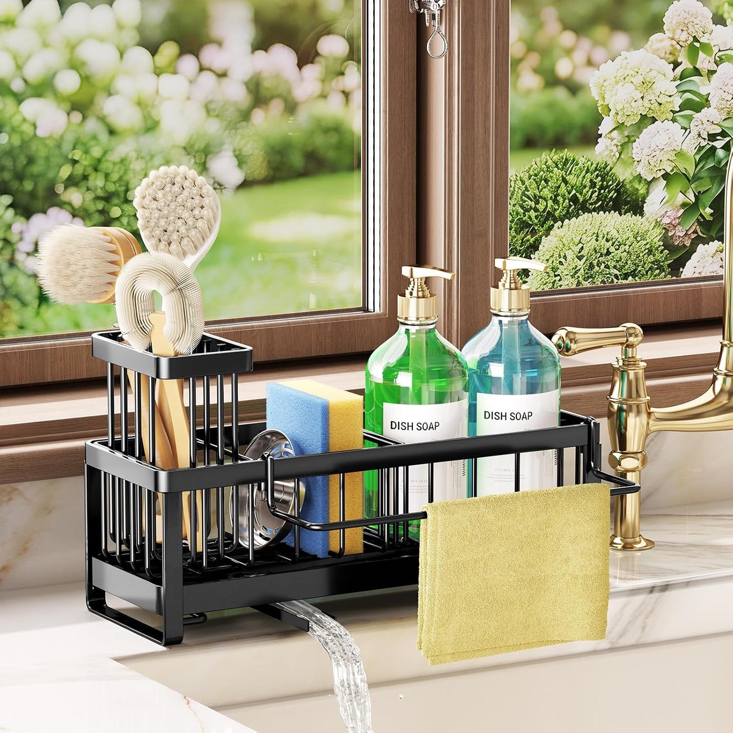 SWTYMIKI Sponge Holder for Kitchen Sink - Sink Caddy with Brush Holder Self-draining Sponge Caddy Organizer with Divider Stainless Steel Kitchen Accessories Storage for Countertop, Black