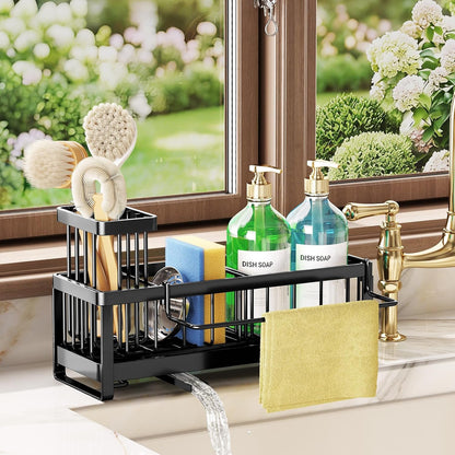 SWTYMIKI Sponge Holder for Kitchen Sink - Sink Caddy with Brush Holder Self-draining Sponge Caddy Organizer with Divider Stainless Steel Kitchen Accessories Storage for Countertop, Black