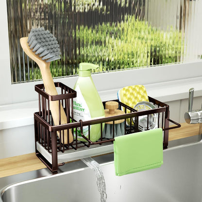 SWTYMIKI Sponge Holder for Kitchen Sink - Sink Caddy with Brush Holder Self-draining Sponge Caddy Organizer with Divider Stainless Steel Kitchen Accessories Storage for Countertop, Black
