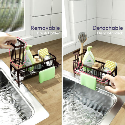 SWTYMIKI Sponge Holder for Kitchen Sink - Sink Caddy with Brush Holder Self-draining Sponge Caddy Organizer with Divider Stainless Steel Kitchen Accessories Storage for Countertop, Black
