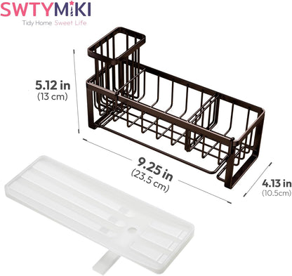 SWTYMIKI Sponge Holder for Kitchen Sink - Sink Caddy with Brush Holder Self-draining Sponge Caddy Organizer with Divider Stainless Steel Kitchen Accessories Storage for Countertop, Black