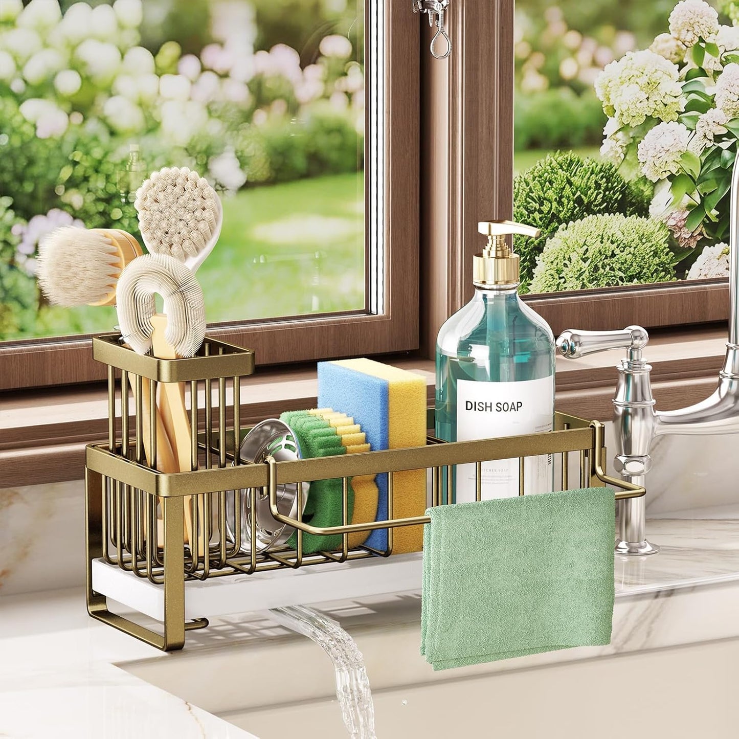 SWTYMIKI Sponge Holder for Kitchen Sink - Sink Caddy with Brush Holder Self-draining Sponge Caddy Organizer with Divider Stainless Steel Kitchen Accessories Storage for Countertop, Black