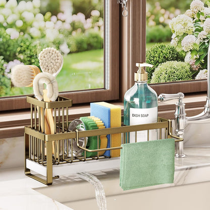 SWTYMIKI Sponge Holder for Kitchen Sink - Sink Caddy with Brush Holder Self-draining Sponge Caddy Organizer with Divider Stainless Steel Kitchen Accessories Storage for Countertop, Black
