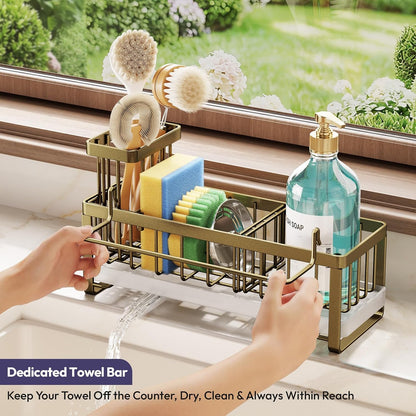 SWTYMIKI Sponge Holder for Kitchen Sink - Sink Caddy with Brush Holder Self-draining Sponge Caddy Organizer with Divider Stainless Steel Kitchen Accessories Storage for Countertop, Black