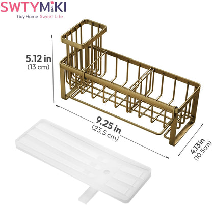 SWTYMIKI Sponge Holder for Kitchen Sink - Sink Caddy with Brush Holder Self-draining Sponge Caddy Organizer with Divider Stainless Steel Kitchen Accessories Storage for Countertop, Black