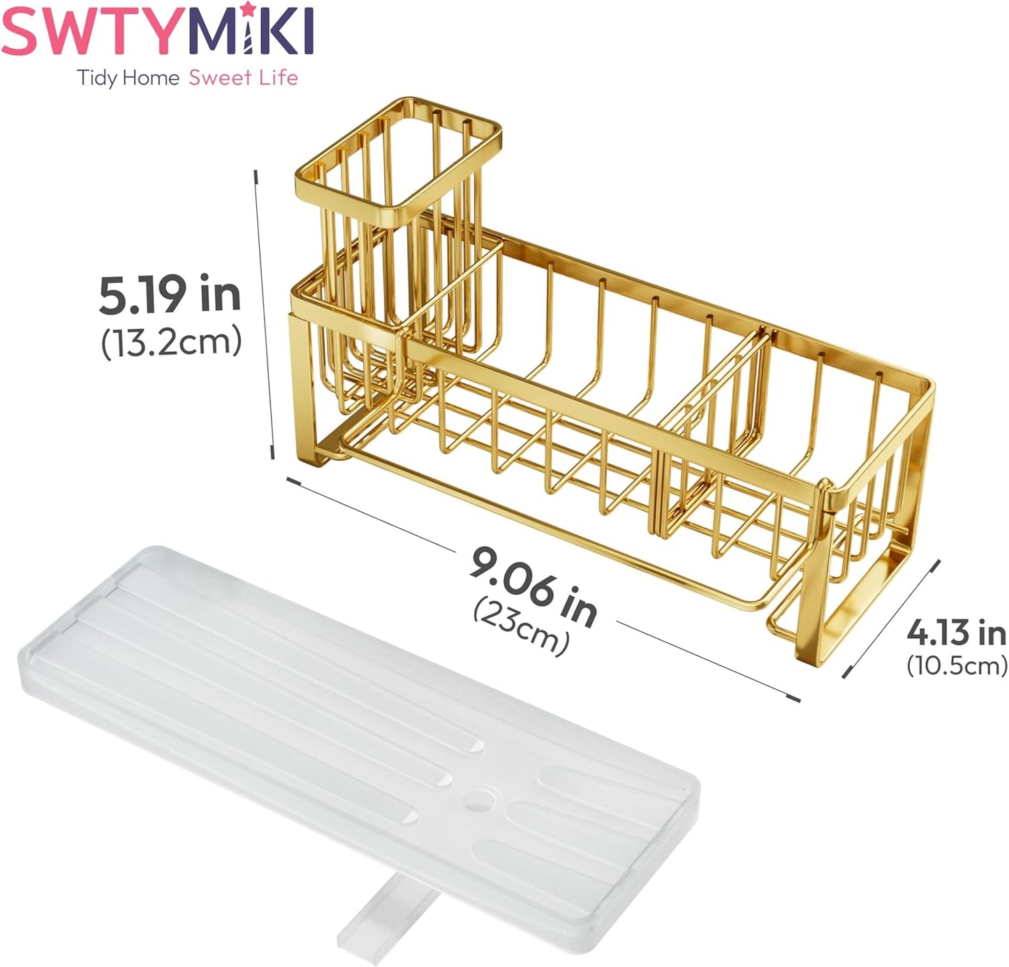 SWTYMIKI Sponge Holder for Kitchen Sink - Sink Caddy with Brush Holder Self-draining Sponge Caddy Organizer with Divider Stainless Steel Kitchen Accessories Storage for Countertop, Black