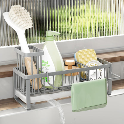 SWTYMIKI Sponge Holder for Kitchen Sink - Sink Caddy with Brush Holder Self-draining Sponge Caddy Organizer with Divider Stainless Steel Kitchen Accessories Storage for Countertop, Black