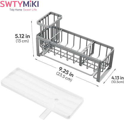 SWTYMIKI Sponge Holder for Kitchen Sink - Sink Caddy with Brush Holder Self-draining Sponge Caddy Organizer with Divider Stainless Steel Kitchen Accessories Storage for Countertop, Black