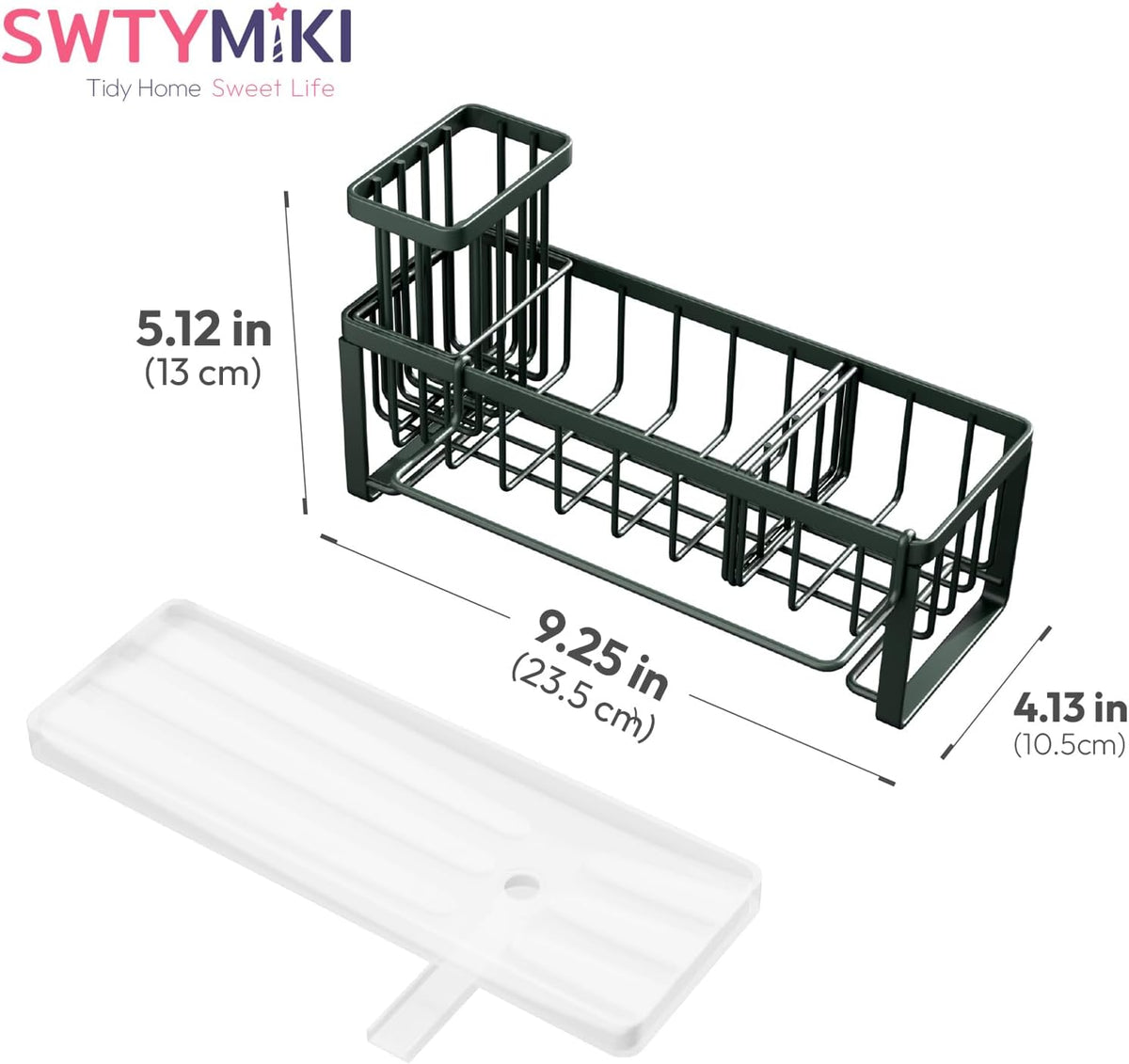 SWTYMIKI Sponge Holder for Kitchen Sink - Sink Caddy with Brush Holder Self-draining Sponge Caddy Organizer with Divider Stainless Steel Kitchen Accessories Storage for Countertop, Black