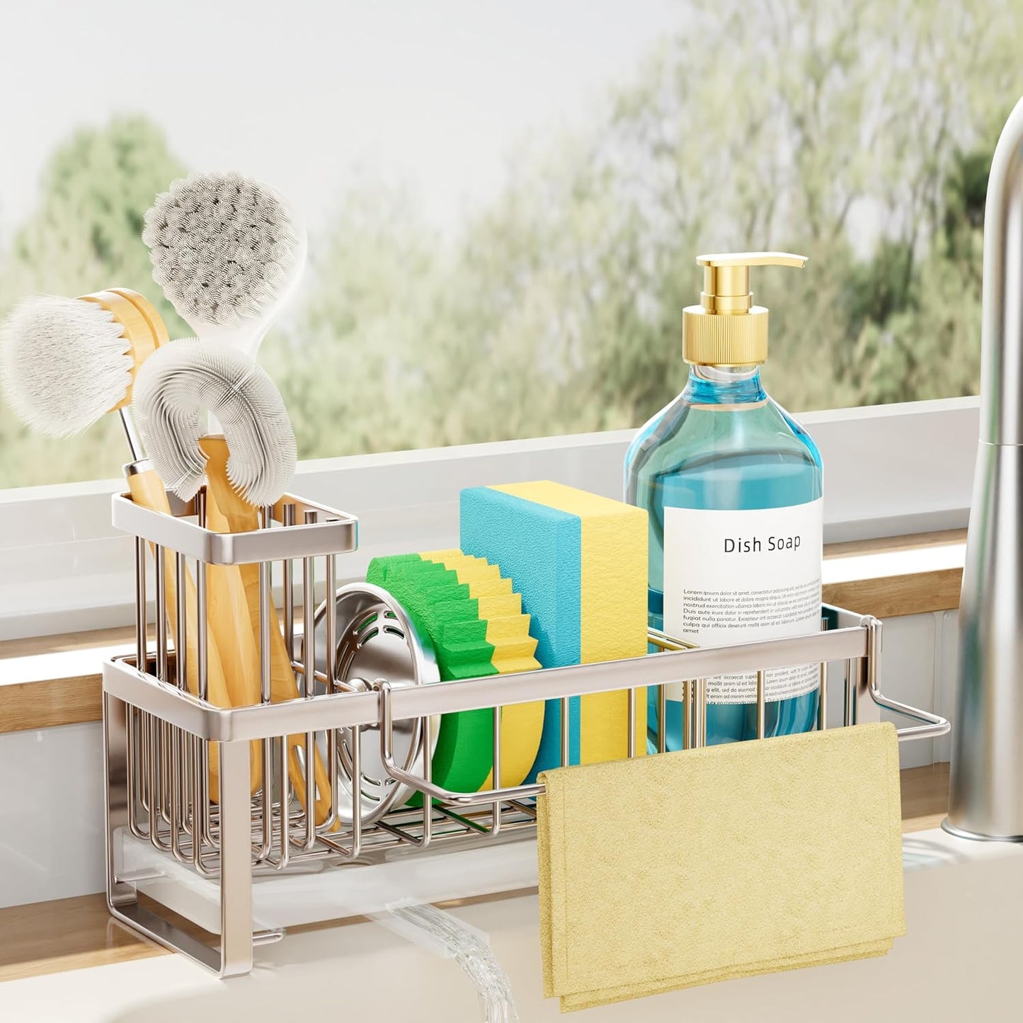 SWTYMIKI Sponge Holder for Kitchen Sink - Sink Caddy with Brush Holder Self-draining Sponge Caddy Organizer with Divider Stainless Steel Kitchen Accessories Storage for Countertop, Black