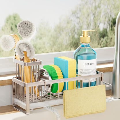 SWTYMIKI Sponge Holder for Kitchen Sink - Sink Caddy with Brush Holder Self-draining Sponge Caddy Organizer with Divider Stainless Steel Kitchen Accessories Storage for Countertop, Black