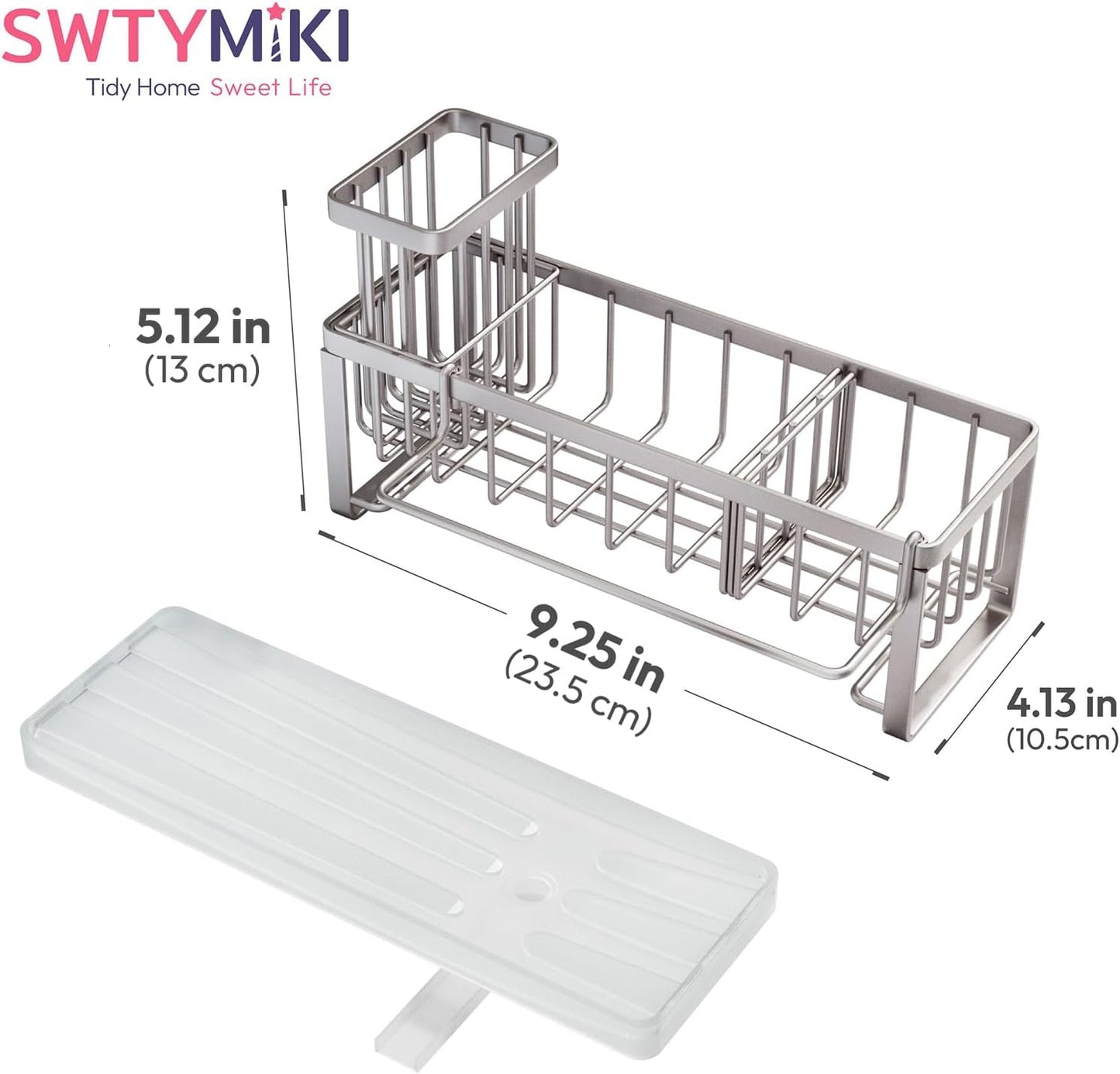 SWTYMIKI Sponge Holder for Kitchen Sink - Sink Caddy with Brush Holder Self-draining Sponge Caddy Organizer with Divider Stainless Steel Kitchen Accessories Storage for Countertop, Black