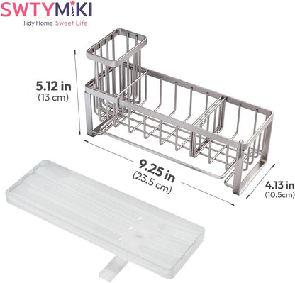 SWTYMIKI Sponge Holder for Kitchen Sink - Sink Caddy with Brush Holder Self-draining Sponge Caddy Organizer with Divider Stainless Steel Kitchen Accessories Storage for Countertop, Black