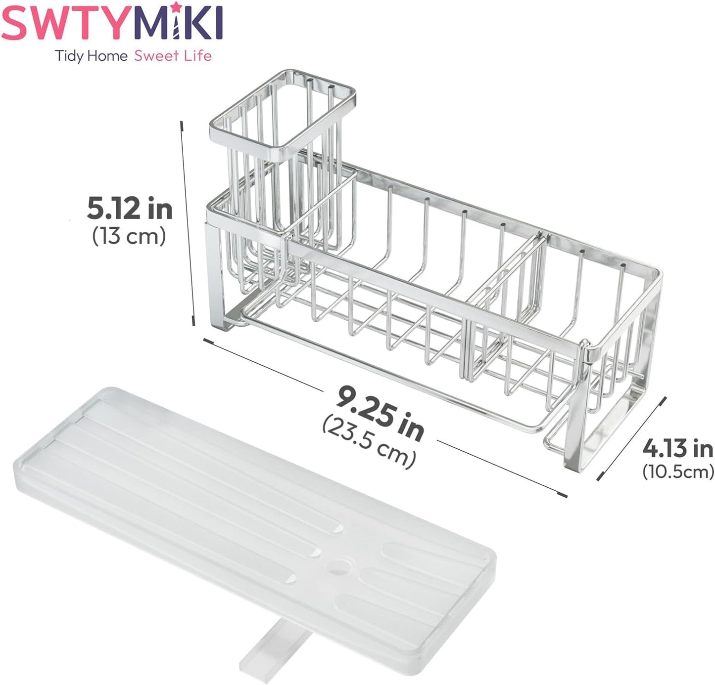 SWTYMIKI Sponge Holder for Kitchen Sink - Sink Caddy with Brush Holder Self-draining Sponge Caddy Organizer with Divider Stainless Steel Kitchen Accessories Storage for Countertop, Black