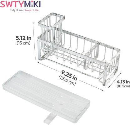 SWTYMIKI Sponge Holder for Kitchen Sink - Sink Caddy with Brush Holder Self-draining Sponge Caddy Organizer with Divider Stainless Steel Kitchen Accessories Storage for Countertop, Black