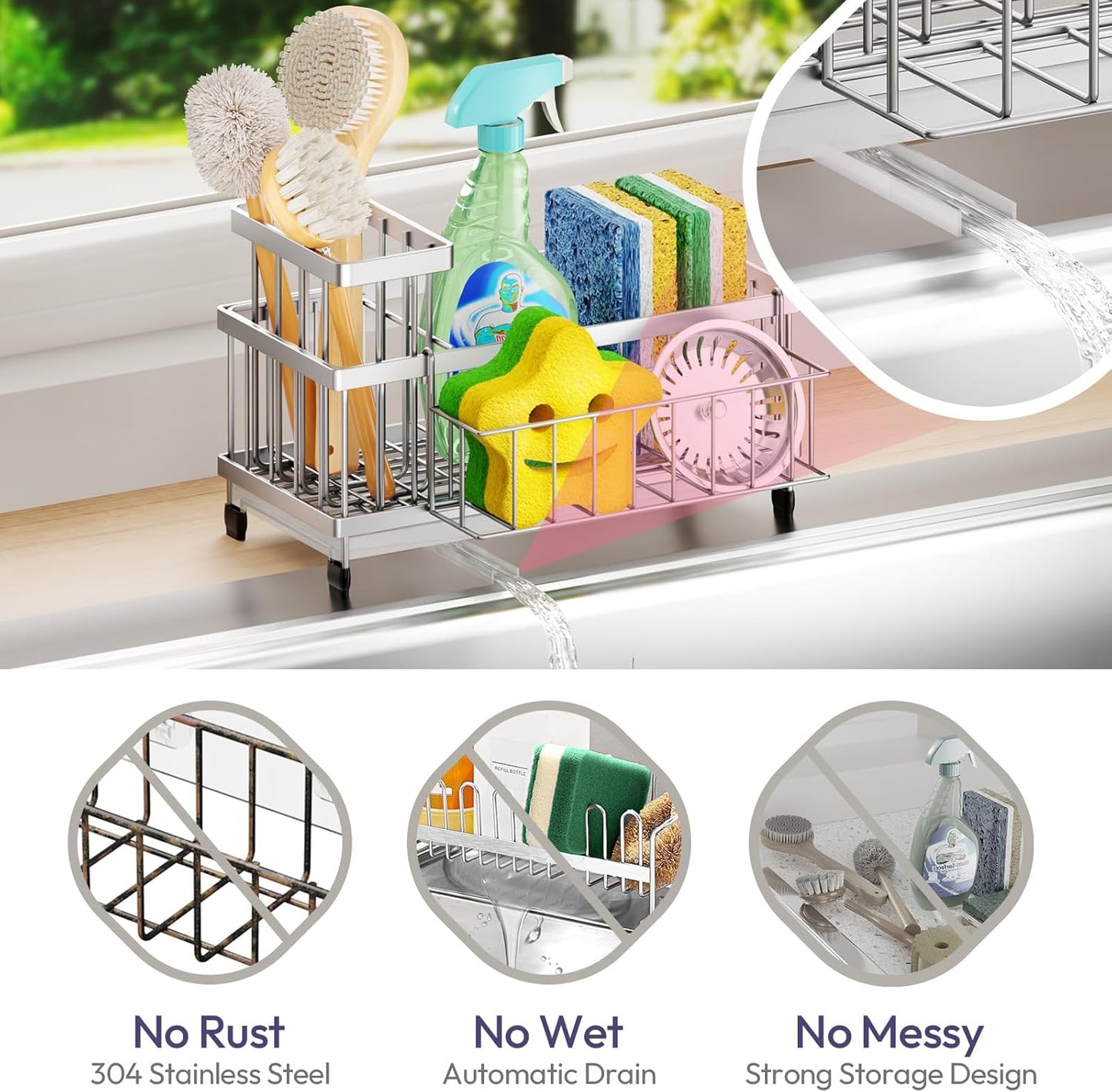 SWTYMIKI Sponge Holder for Kitchen Sink - Sink Caddy with Brush Holder Self-draining Sponge Caddy Organizer with Divider Stainless Steel Kitchen Accessories Storage for Countertop, Black