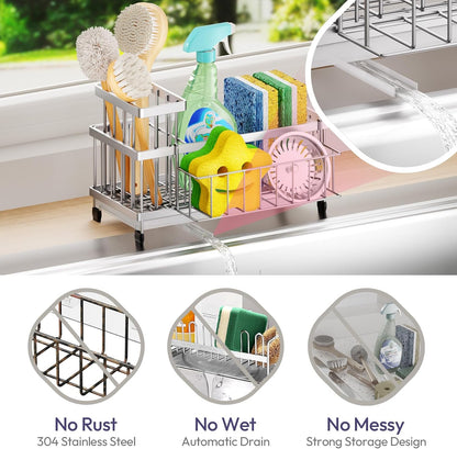 SWTYMIKI Sponge Holder for Kitchen Sink - Sink Caddy with Brush Holder Self-draining Sponge Caddy Organizer with Divider Stainless Steel Kitchen Accessories Storage for Countertop, Black