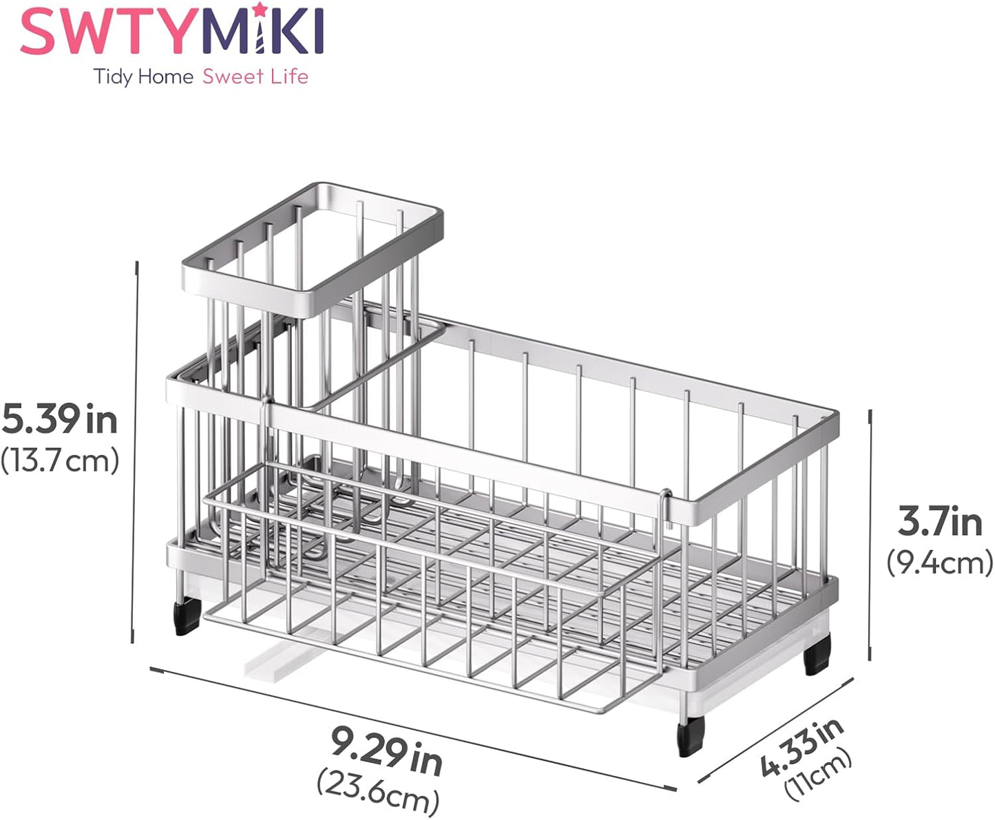 SWTYMIKI Sponge Holder for Kitchen Sink - Sink Caddy with Brush Holder Self-draining Sponge Caddy Organizer with Divider Stainless Steel Kitchen Accessories Storage for Countertop, Black