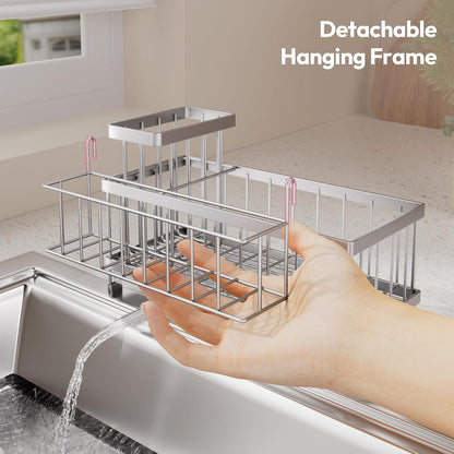 SWTYMIKI Sponge Holder for Kitchen Sink - Sink Caddy with Brush Holder Self-draining Sponge Caddy Organizer with Divider Stainless Steel Kitchen Accessories Storage for Countertop, Black