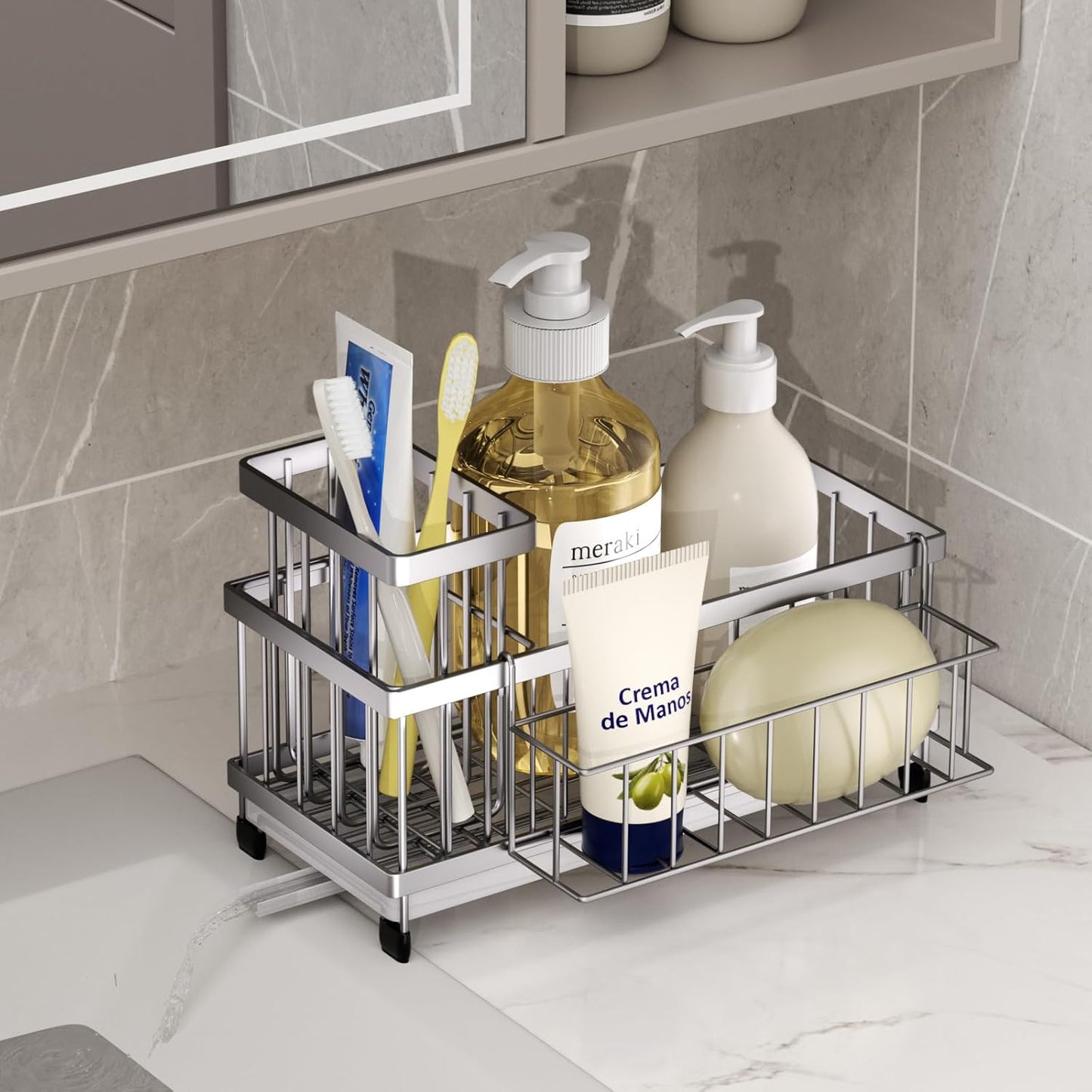 SWTYMIKI Sponge Holder for Kitchen Sink - Sink Caddy with Brush Holder Self-draining Sponge Caddy Organizer with Divider Stainless Steel Kitchen Accessories Storage for Countertop, Black