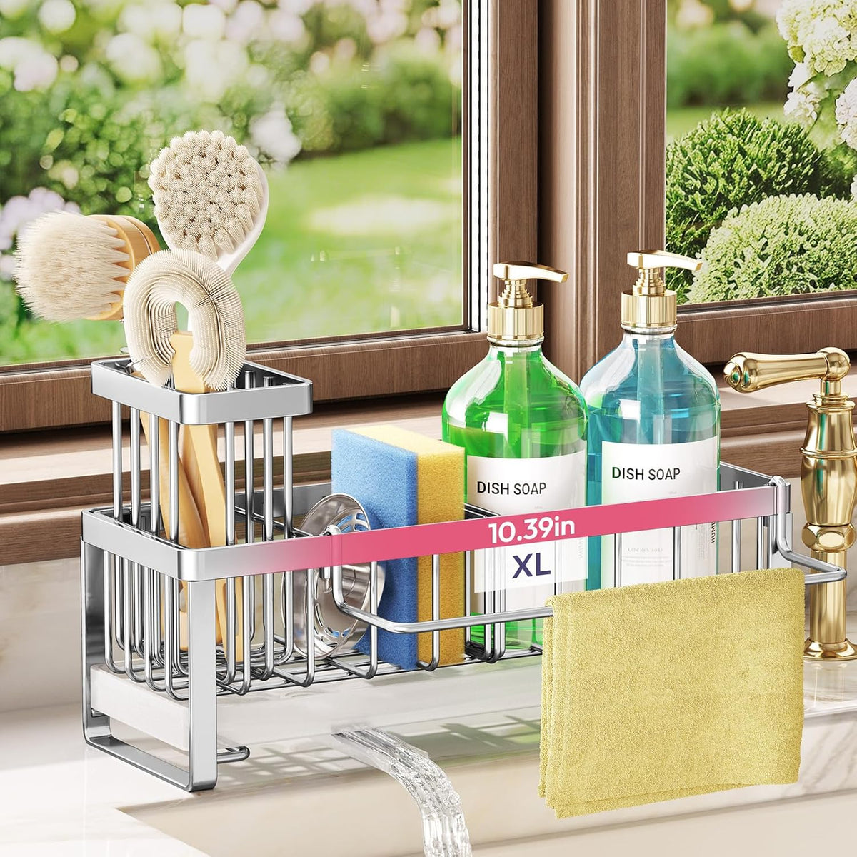 SWTYMIKI Sponge Holder for Kitchen Sink - Sink Caddy with Brush Holder Self-draining Sponge Caddy Organizer with Divider Stainless Steel Kitchen Accessories Storage for Countertop, Black