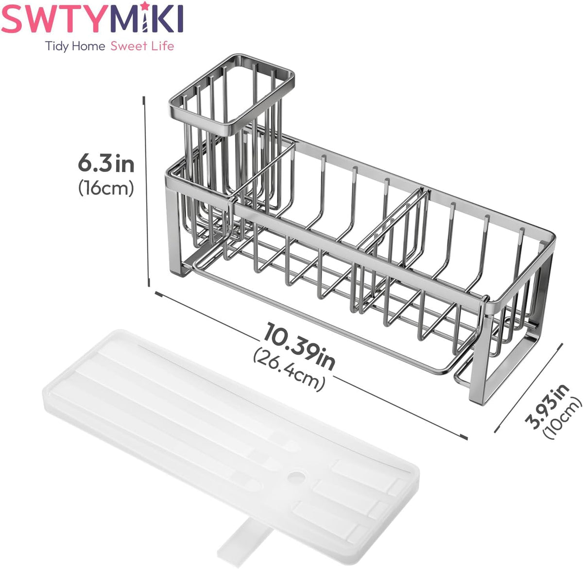 SWTYMIKI Sponge Holder for Kitchen Sink - Sink Caddy with Brush Holder Self-draining Sponge Caddy Organizer with Divider Stainless Steel Kitchen Accessories Storage for Countertop, Black