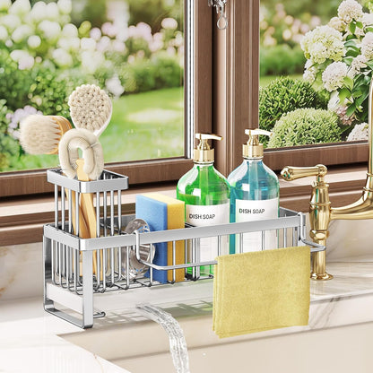 SWTYMIKI Sponge Holder for Kitchen Sink - Sink Caddy with Brush Holder Self-draining Sponge Caddy Organizer with Divider Stainless Steel Kitchen Accessories Storage for Countertop, Black