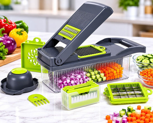 Vegetable Chopper - 14 In 1 Multifunctional Food Chopper with Container - Vegetable Cutter with Container for Salad - Kitchen Gadgets & Essential Kitchen Tool Set for Onion, Potato, Fruits & Veggies