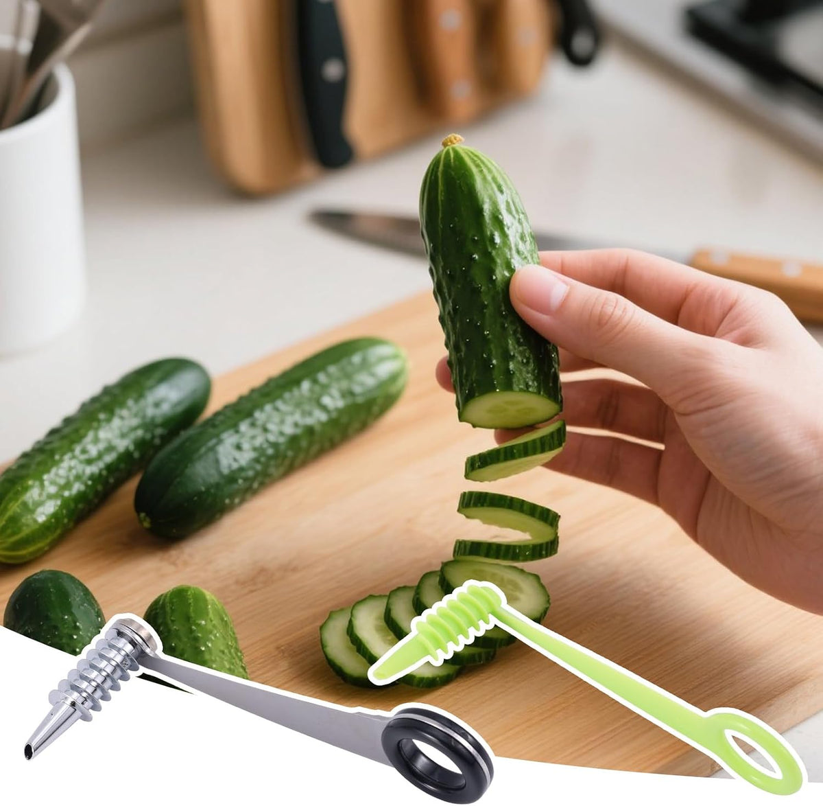 2pcs Spiral Cutter Slicer, Stainless Steel & Plastic Spiral Knife for Vegetables Portable Manual Cutter Tool for Cucumber Potato Carrot Fruit Kitchen Gadgets