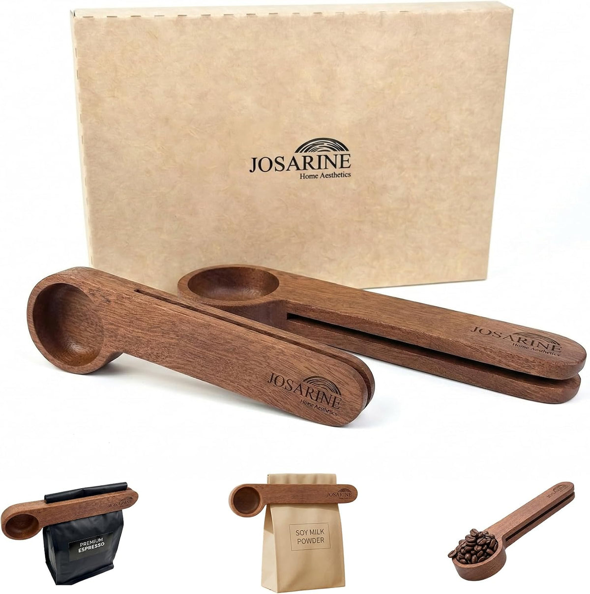 2-Pack Wooden Coffee Scoop, 2-in-1 Solid Sapele Wood Measuring Spoon & Bag Sealer for Ground Beans, Espresso, Tea - One-Piece Minimalist Coffee Accessories