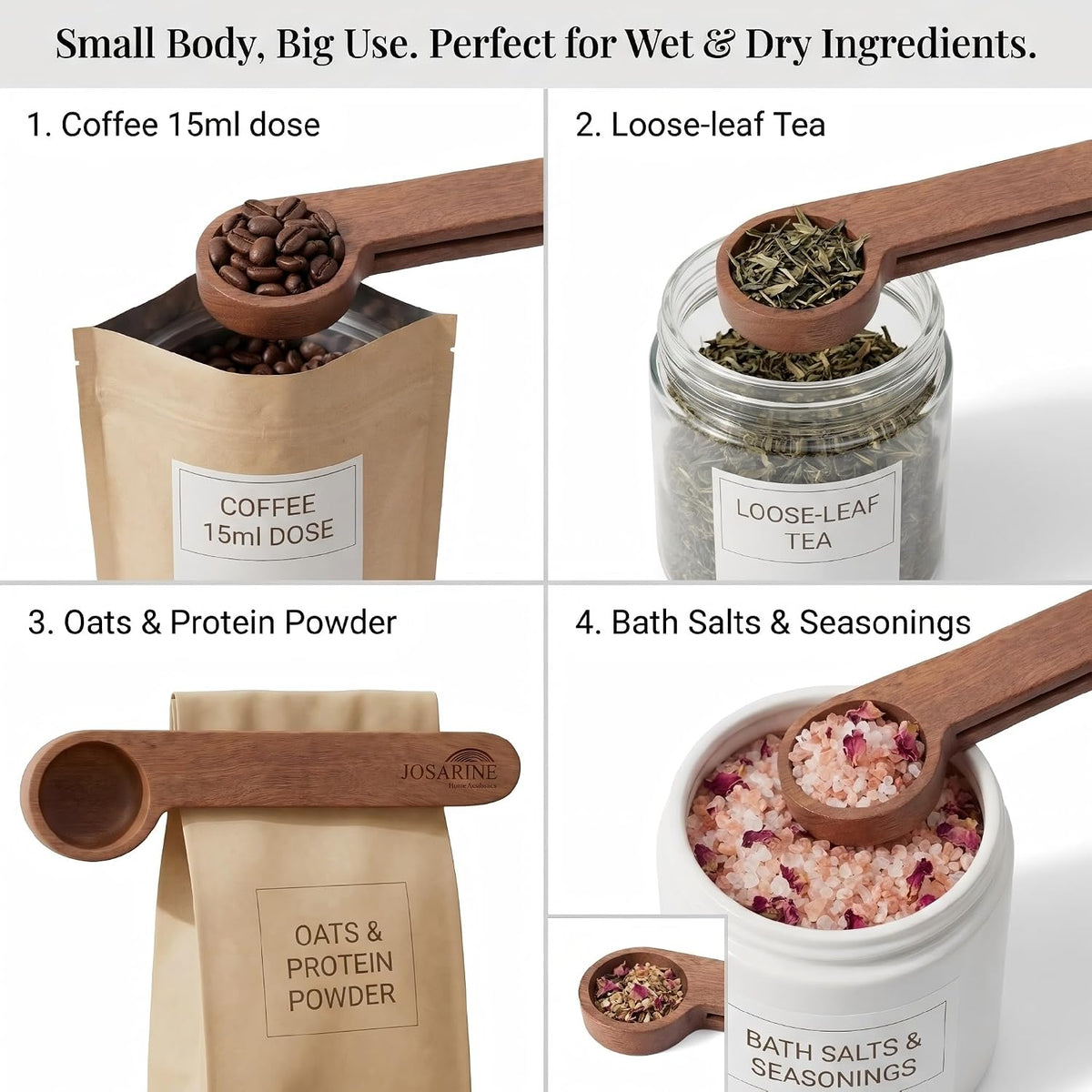 2-Pack Wooden Coffee Scoop, 2-in-1 Solid Sapele Wood Measuring Spoon & Bag Sealer for Ground Beans, Espresso, Tea - One-Piece Minimalist Coffee Accessories
