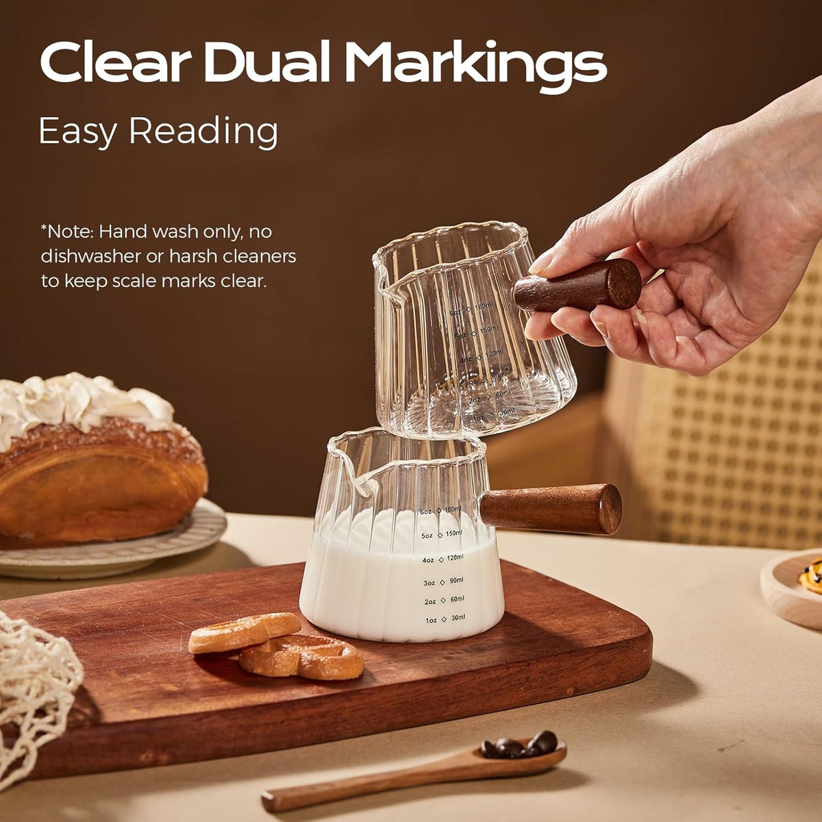 6oz Glass Espresso Measuring Cups, 2 Pack with Handle | Borosilicate Glass, Precision Pouring, Heat Insulated Grip, Dual-Scale Accuracy, Easy to Rinse Clean