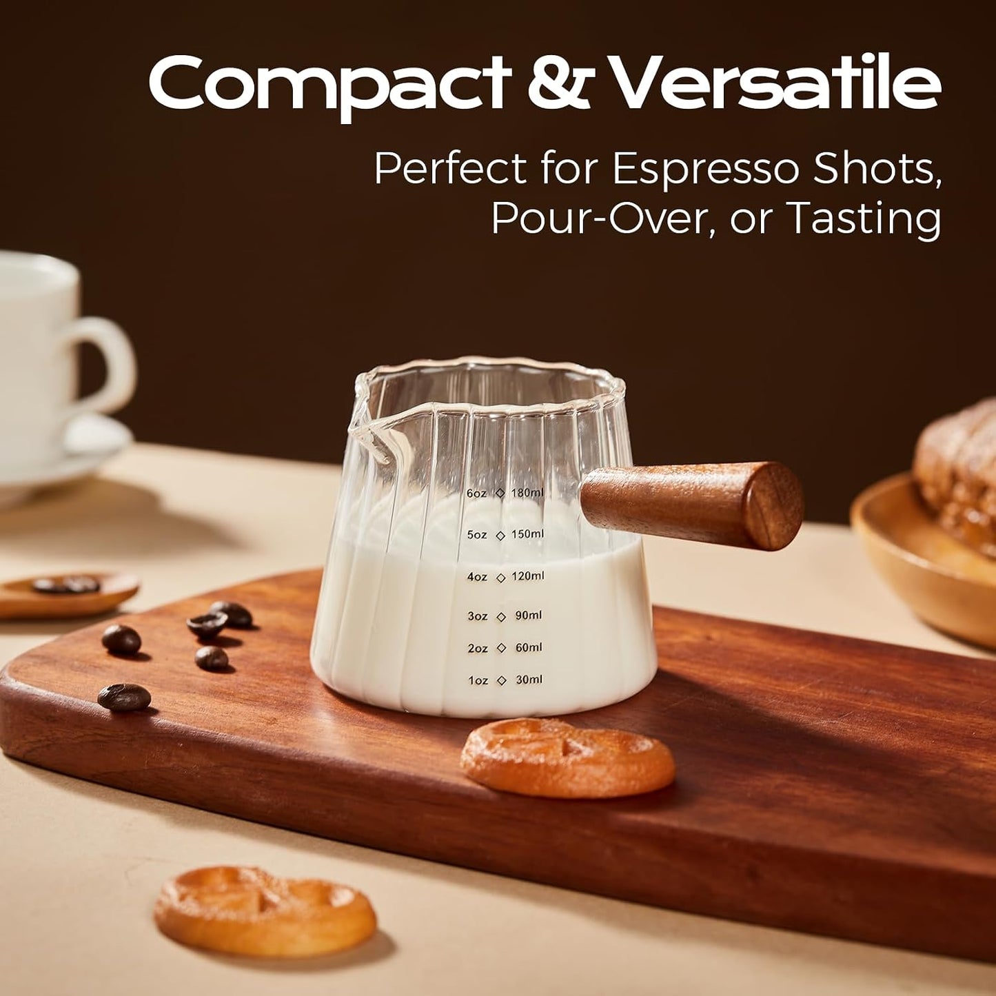 6oz Glass Espresso Measuring Cups, 2 Pack with Handle | Borosilicate Glass, Precision Pouring, Heat Insulated Grip, Dual-Scale Accuracy, Easy to Rinse Clean