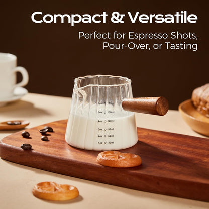 6oz Glass Espresso Measuring Cups, 2 Pack with Handle | Borosilicate Glass, Precision Pouring, Heat Insulated Grip, Dual-Scale Accuracy, Easy to Rinse Clean