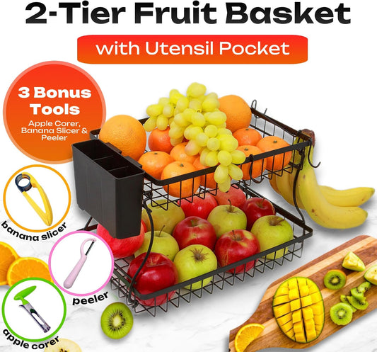 2 Tier Fruit Basket with Banana Hanger & Utensil Pocket – Metal Kitchen Counter Organizer for Fruits, Vegetables, Bread & Snacks + 3 Tools (Apple Corer, Banana Slicer, Peeler) – Perfect for Kitchen