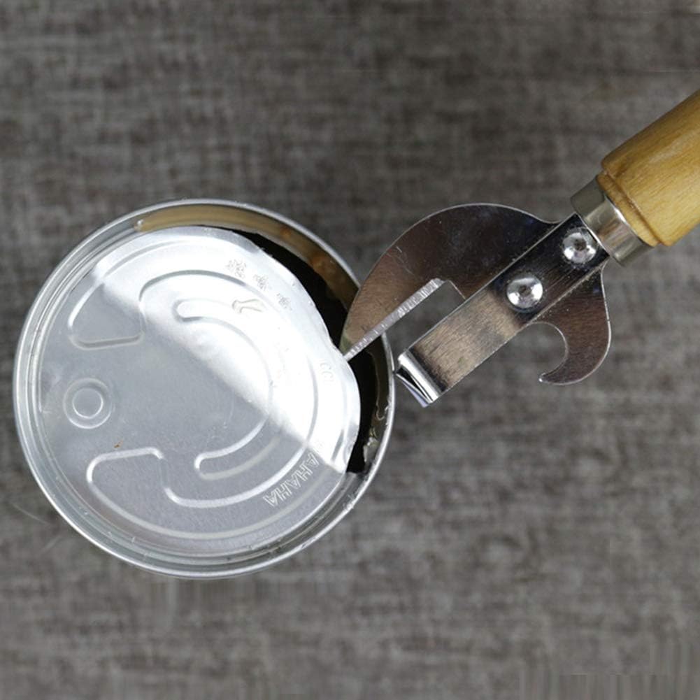 Manual Can Opener, Stainless Steel Bottle Opener Manual with Wooden Handle, Easy Open Multifunctional Side Cut Traditional Stab Can & Tin Opener for Kitchen Camping Traveling