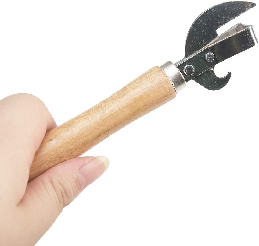 Manual Can Opener, Stainless Steel Bottle Opener Manual with Wooden Handle, Easy Open Multifunctional Side Cut Traditional Stab Can & Tin Opener for Kitchen Camping Traveling