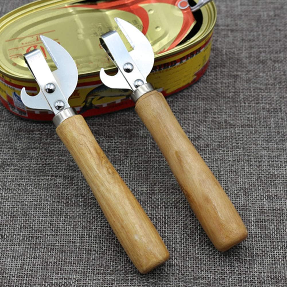 Manual Can Opener, Stainless Steel Bottle Opener Manual with Wooden Handle, Easy Open Multifunctional Side Cut Traditional Stab Can & Tin Opener for Kitchen Camping Traveling