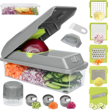 Vegetable Chopper, Multifunctional Food Chopper, Pro Onion Chopper, Vegetable Slicer Dicer Cutter with 5 Blades, Veggie Chopper with Container, 3 in 1 Spiralizer Included(9-in-1,Grey)