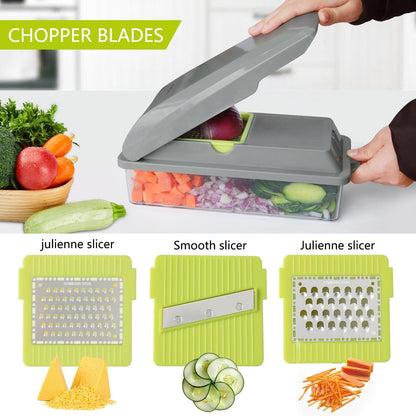Vegetable Chopper, Multifunctional Food Chopper, Pro Onion Chopper, Vegetable Slicer Dicer Cutter with 5 Blades, Veggie Chopper with Container, 3 in 1 Spiralizer Included(9-in-1,Grey)