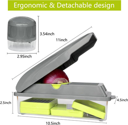 Vegetable Chopper, Multifunctional Food Chopper, Pro Onion Chopper, Vegetable Slicer Dicer Cutter with 5 Blades, Veggie Chopper with Container, 3 in 1 Spiralizer Included(9-in-1,Grey)