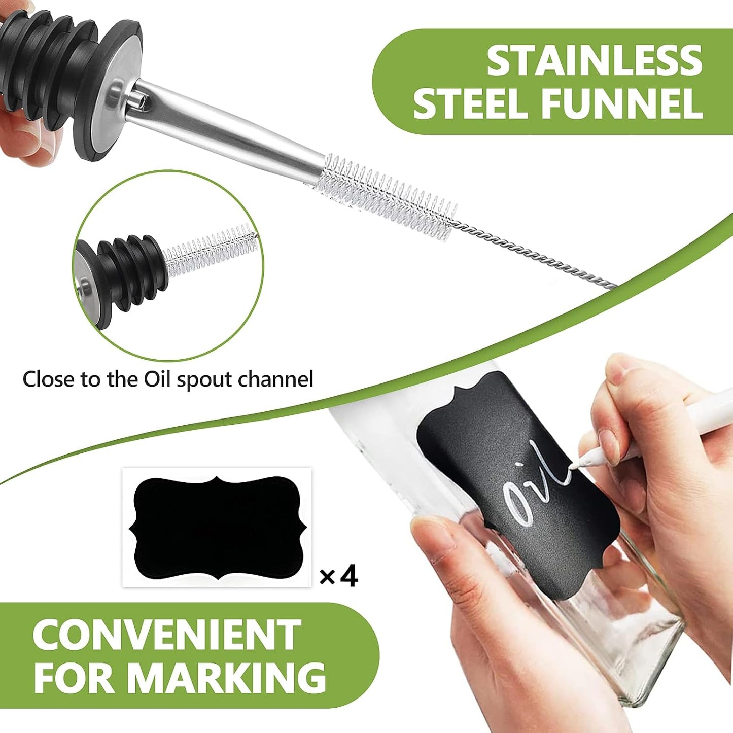Olive Oil Dispenser Bottle, 2 Pcs Glass Olive Oil Dispenser and Vinegar Dispenser Set with 2 Stainless Steel Pourers, 4 Labels,1 Brush and 1 Funnel Oil Bottles for Kitchen (500ml)
